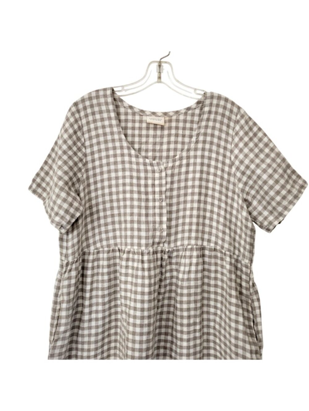 Gingham Linen Dress Tan and White by Conscious Clothing Made in Michigan Size L - Picture 5 of 6
